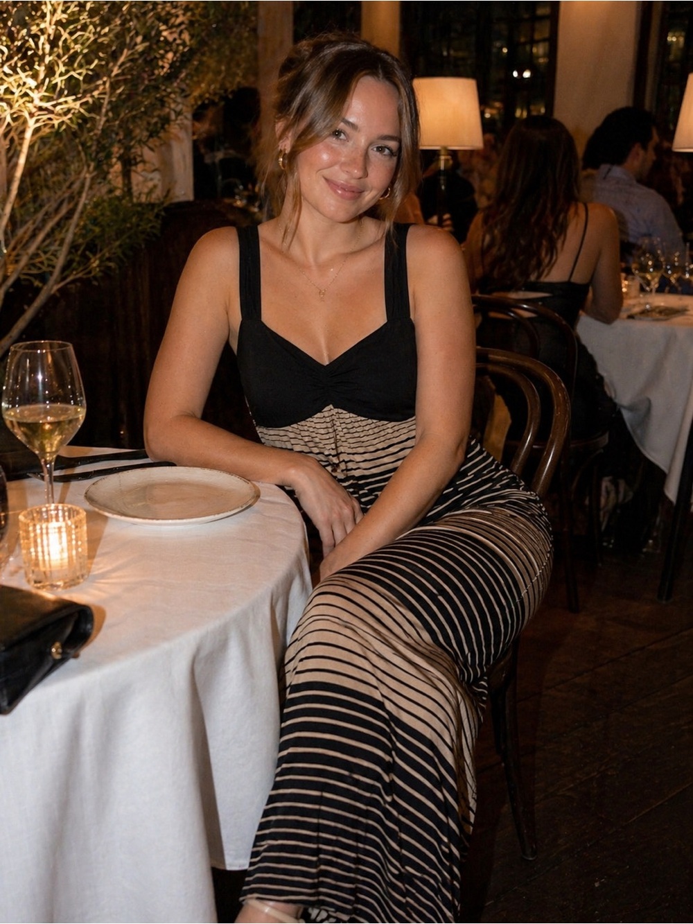 Black Bust Striped Maxi Dress in Beige and Black